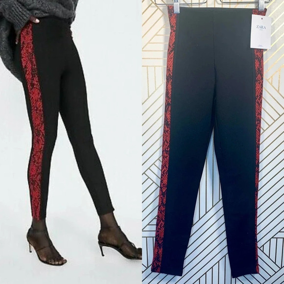 Zara Pants Snake Animal Print Side Stripe‎ Ponte Knit Black Leggings Size Small - Picture 1 of 12